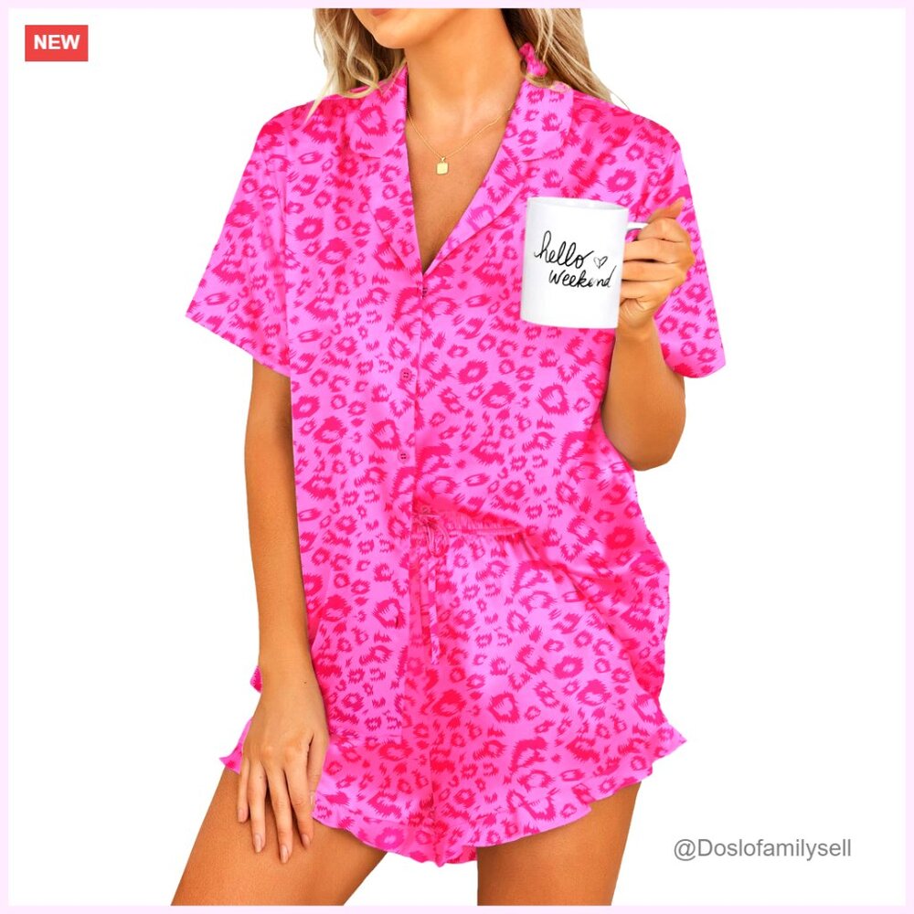 Satin Pajamas Set Button Down Shorts Ruffle Lingerie Notch Collar Sleepwear
